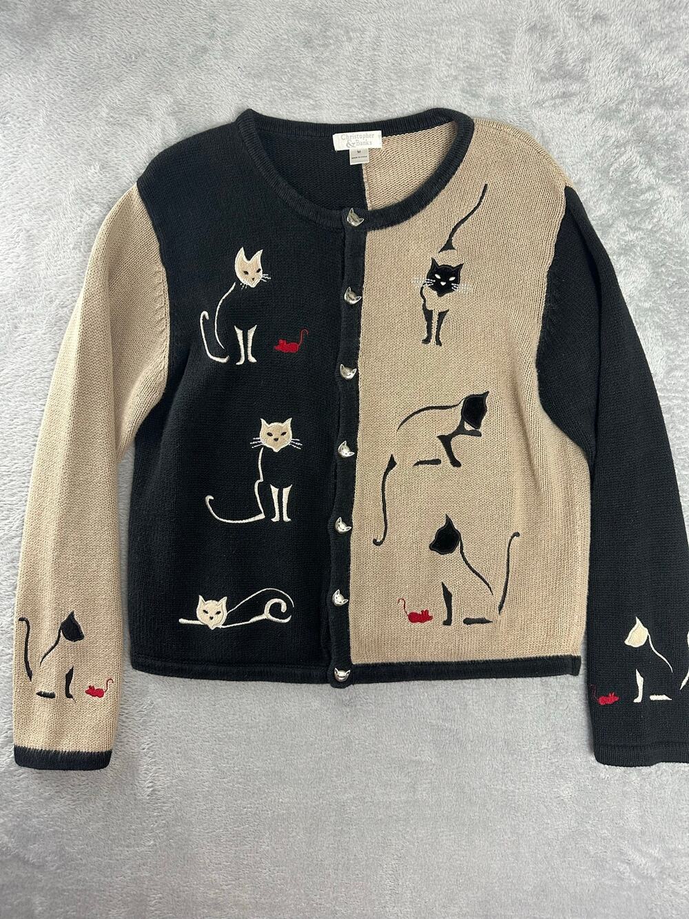 VTG Christopher & Banks Black Cream Embroidered Cat & Mouse Cardigan Sweater M